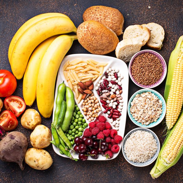 Products sources of carbohydrates. Healthy carbs food. Top view